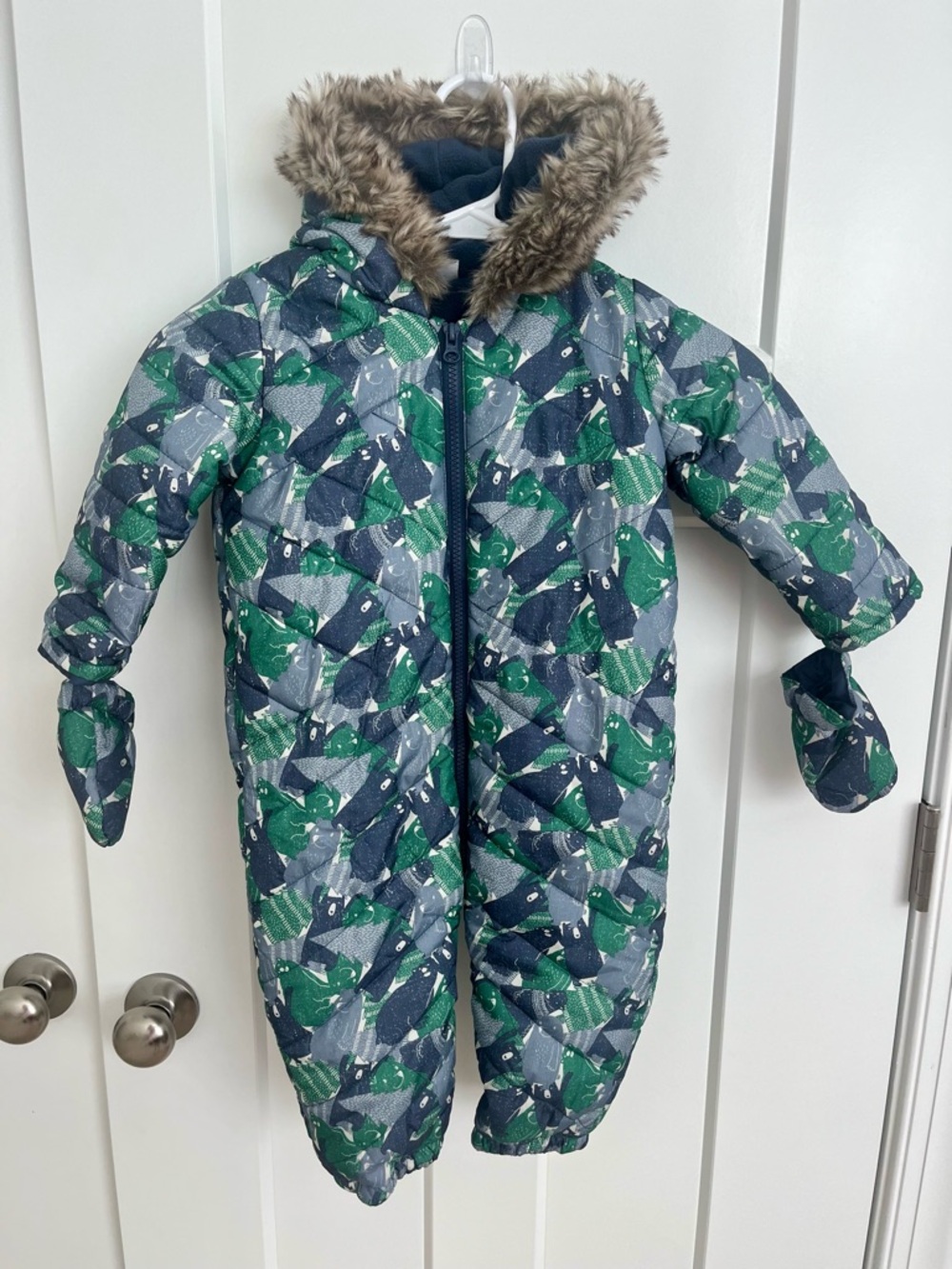 Baby Snowsuit US 18M Winter Puffer Hooded Faux Fur Bunting Bears Mittens